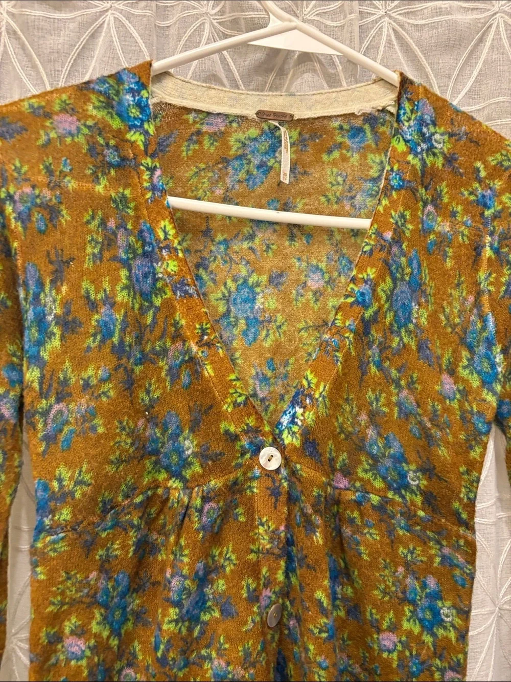 Free People Floral V-Neck Cardigan in Mustard and Blue